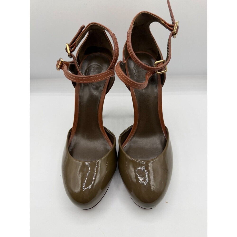 Tory Burch Brown Patent Leather Ankle Strap Heels Pumps Women's Size 6.5 Made In